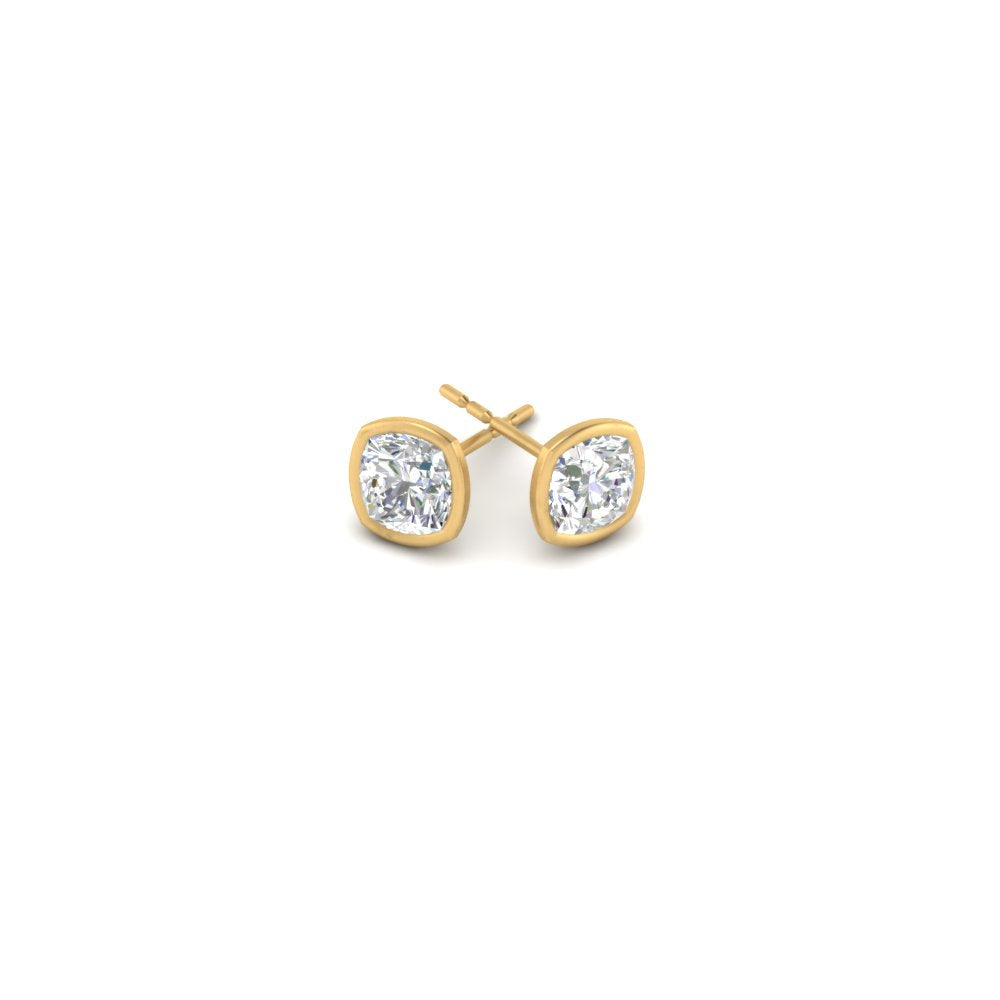 0.5 To 5 Carat Lab Diamond Cushion Stud Bezel Set Earring For Women 14K Gold