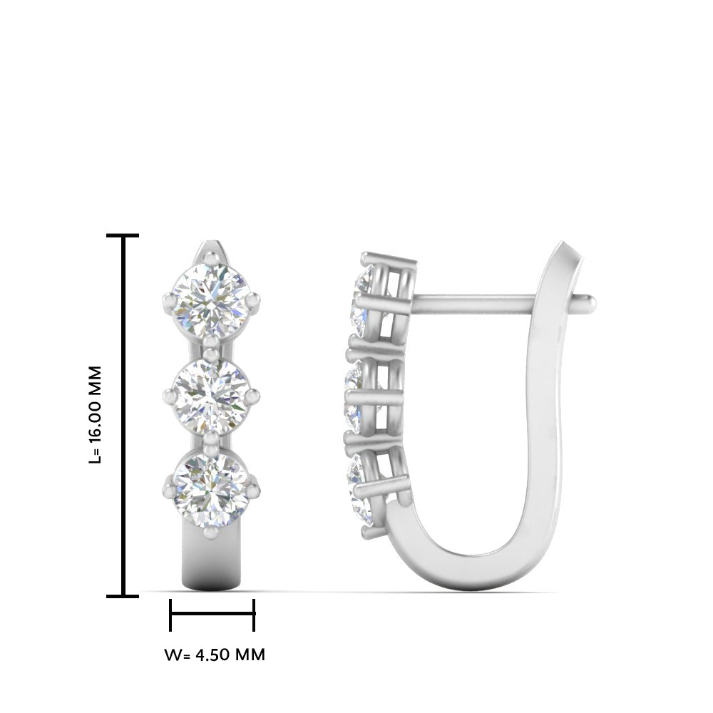 1 Carat Round Cut Lab Diamond 3 Stone Huggie Earrings 14K Gold