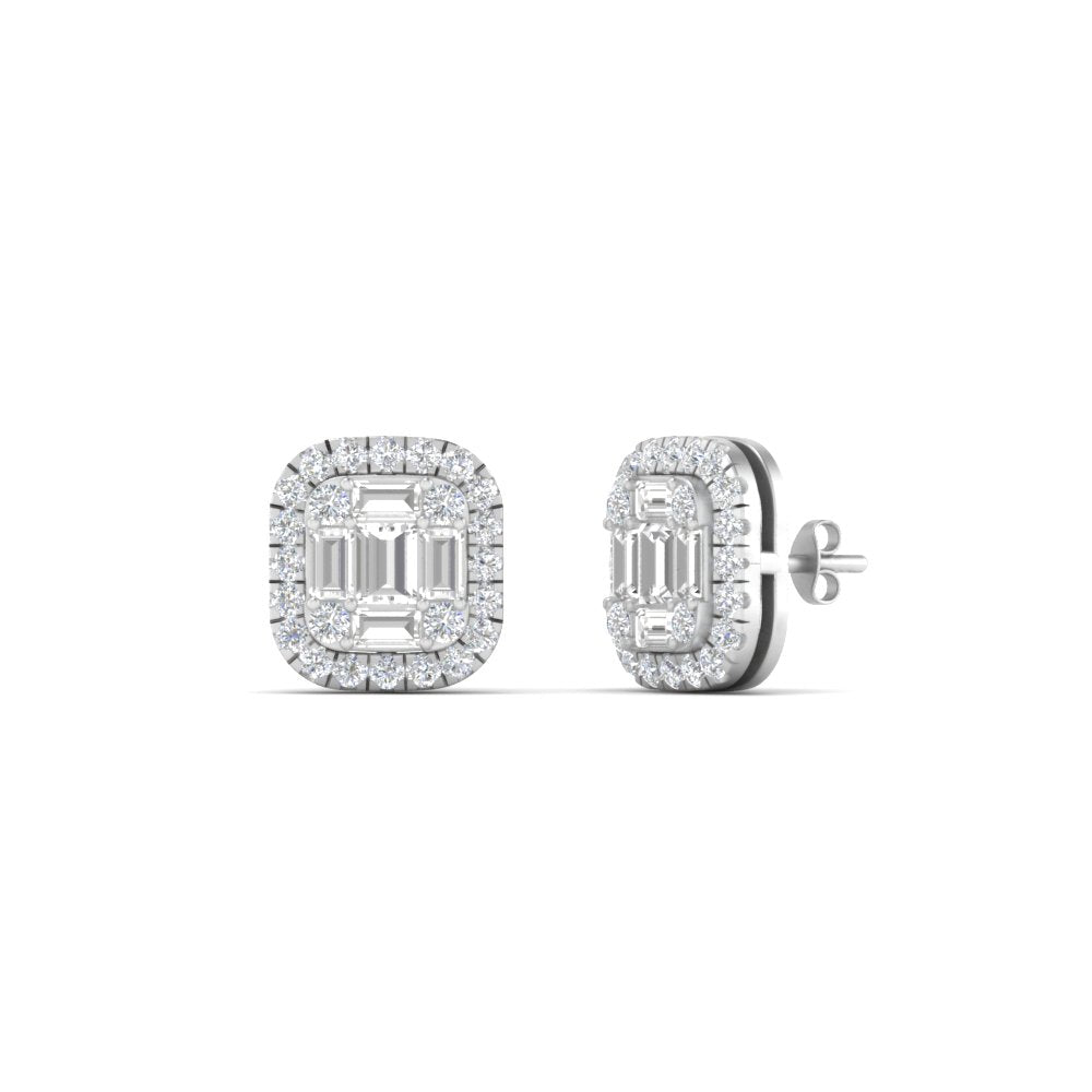 Baguette, Round And Emerald Cut Lab Diamond Studs Women Earring In 14k White Gold | Cuts & Carat