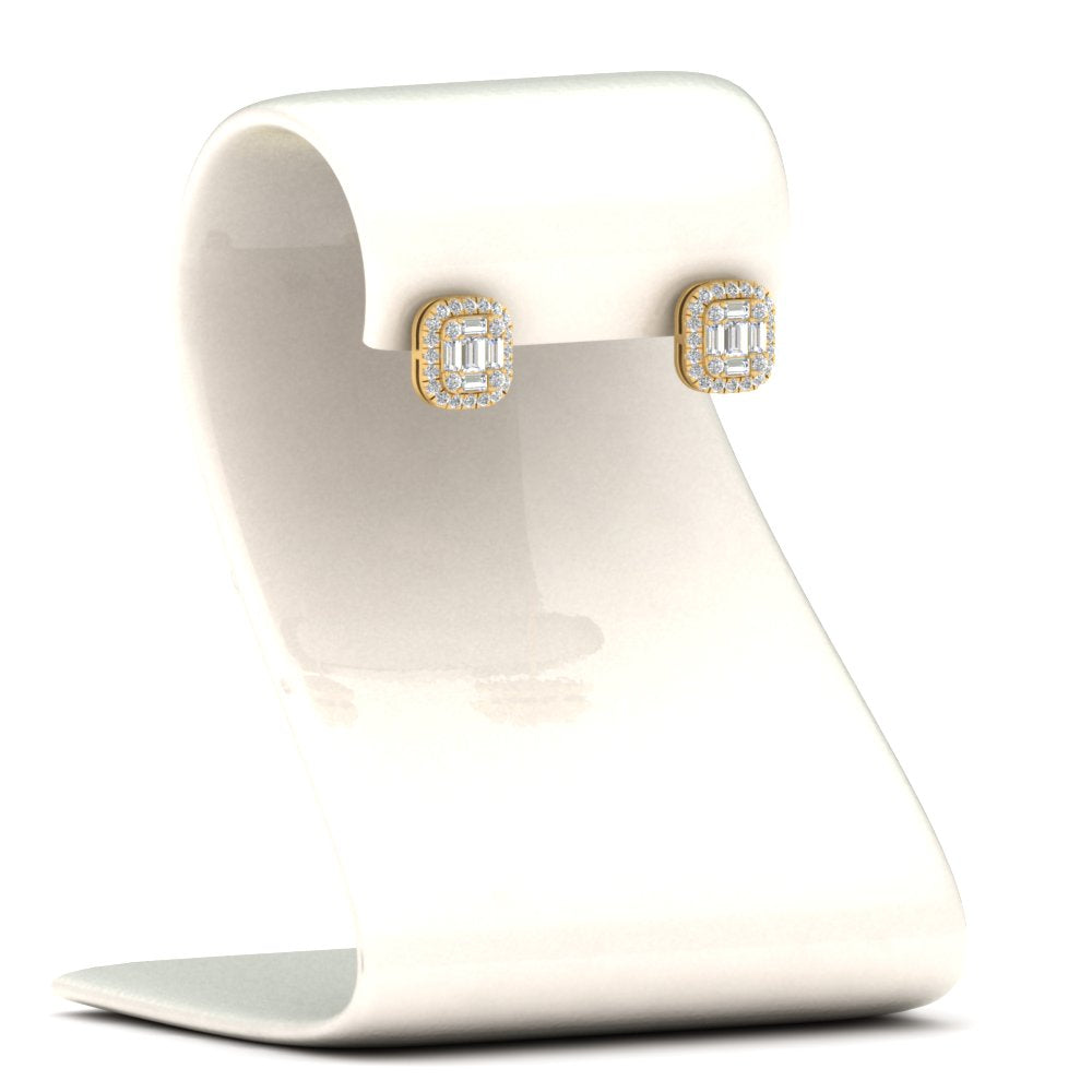 Baguette, Round And Emerald Cut Lab Diamond Studs Women Earring In 14k Yellow Gold | Cuts & Carat