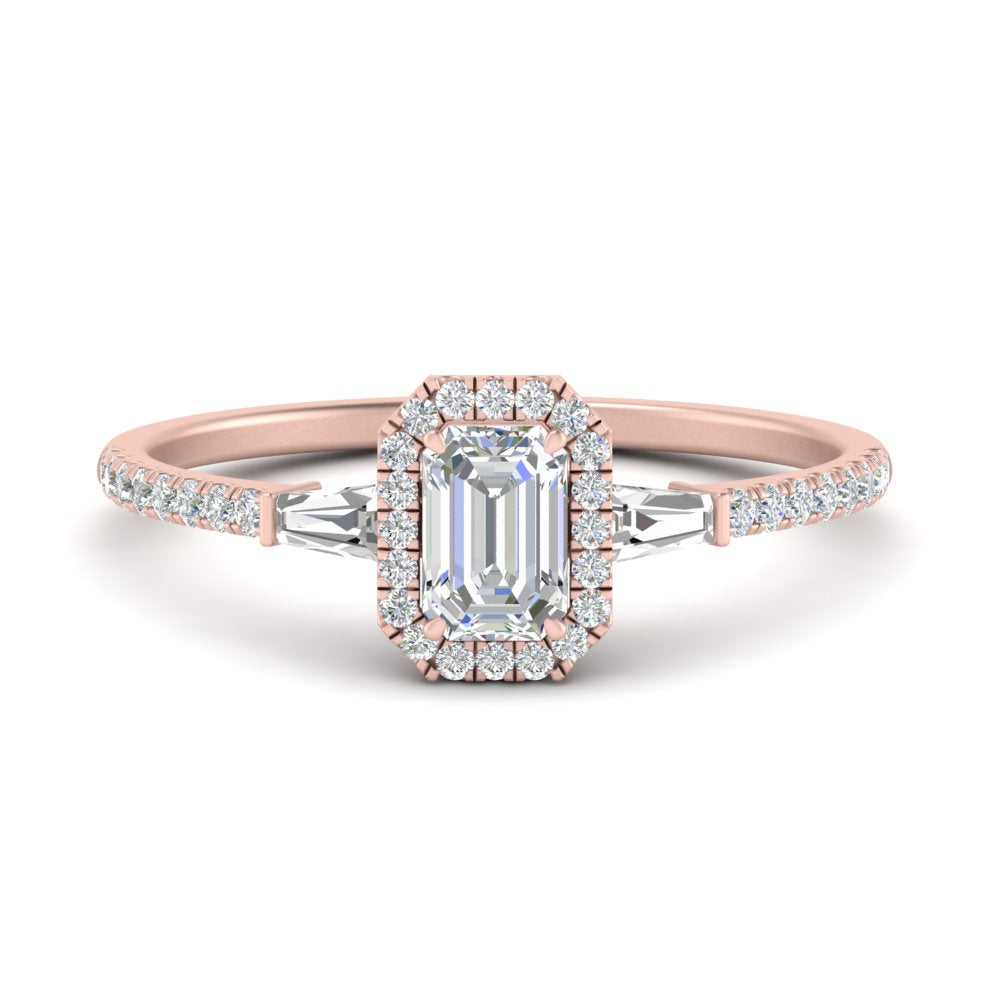 IGI Certified Halo Accented Baguette Lab Grown Diamond Women Engagement Ring In 14K Rose Gold | Cuts & Carat