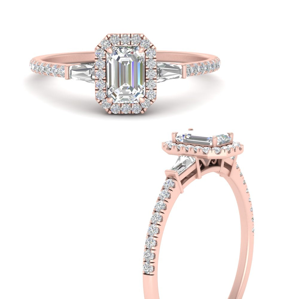 IGI Certified Halo Accented Baguette Lab Grown Diamond Women Engagement Ring In 14K Rose Gold | Cuts & Carat