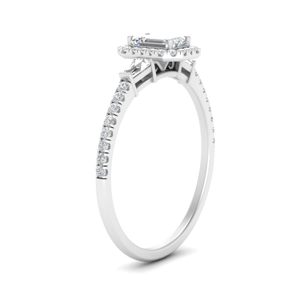 IGI Certified Halo Accented Baguette Lab Grown Diamond Women Engagement Ring In 14K White Gold | Cuts & Carat