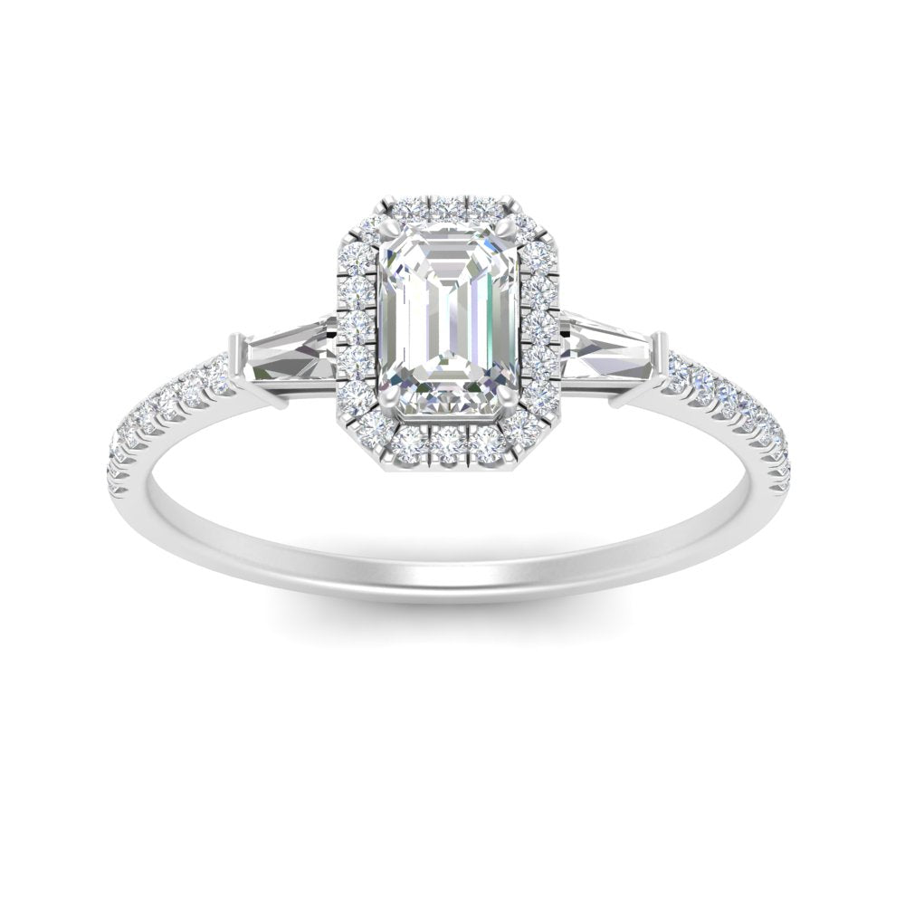 IGI Certified Halo Accented Baguette Lab Grown Diamond Women Engagement Ring In 14K White Gold | Cuts & Carat