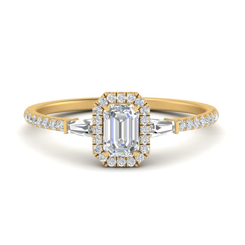 IGI Certified Halo Accented Baguette Lab Grown Diamond Women Engagement Ring In 14K Yellow Gold | Cuts & Carat