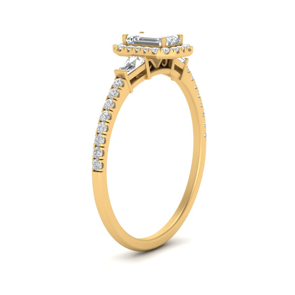 IGI Certified Halo Accented Baguette Lab Grown Diamond Women Engagement Ring In 14K Yellow Gold | Cuts & Carat