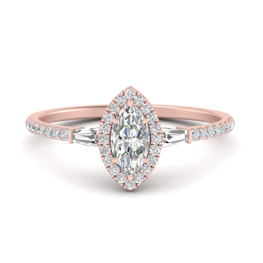 IGI Certified Halo Accented Baguette Lab Grown Diamond Women Engagement Ring In 14K Rose Gold | Cuts & Carat