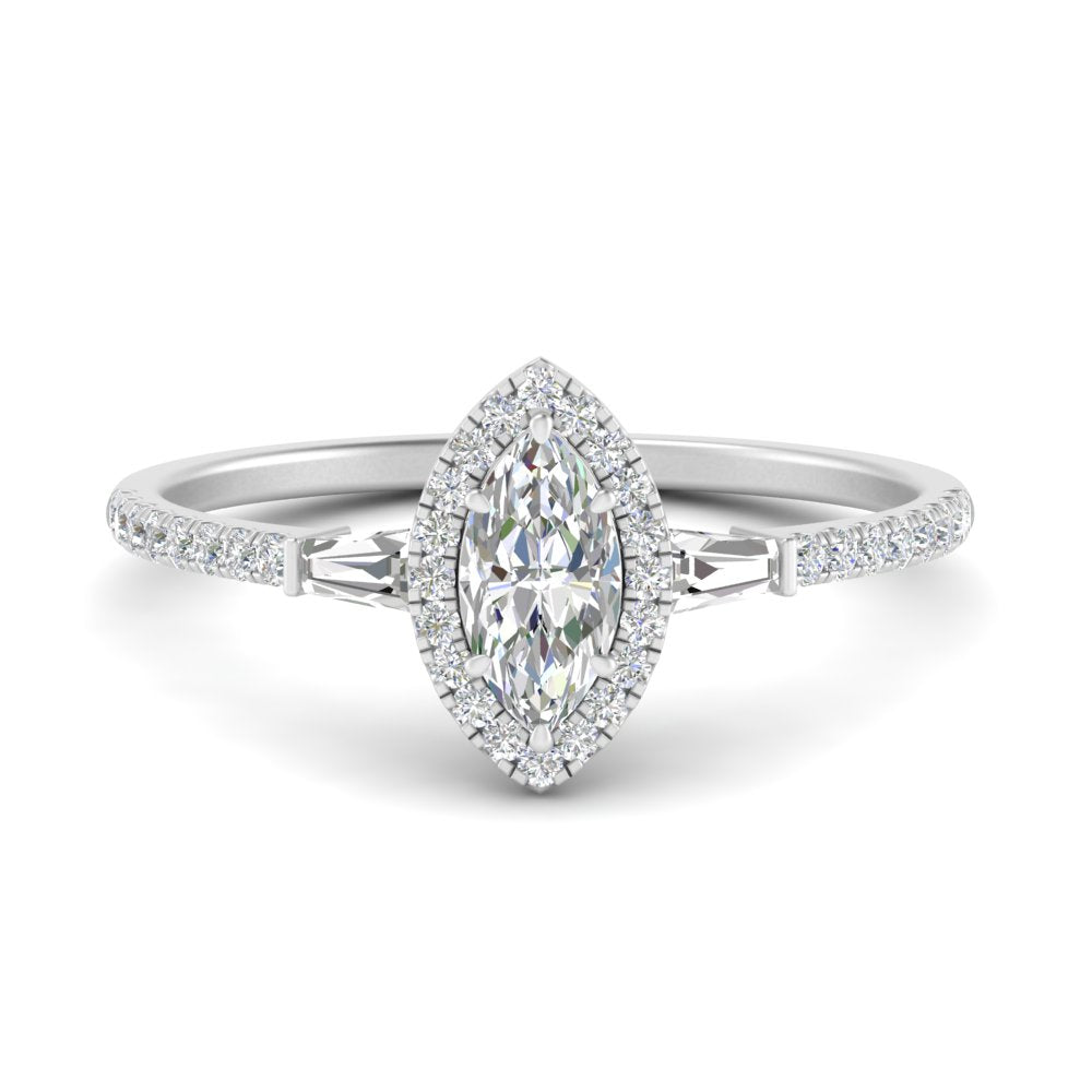 IGI Certified Halo Accented Baguette Lab Grown Diamond Women Engagement Ring In 14K White Gold | Cuts & Carat