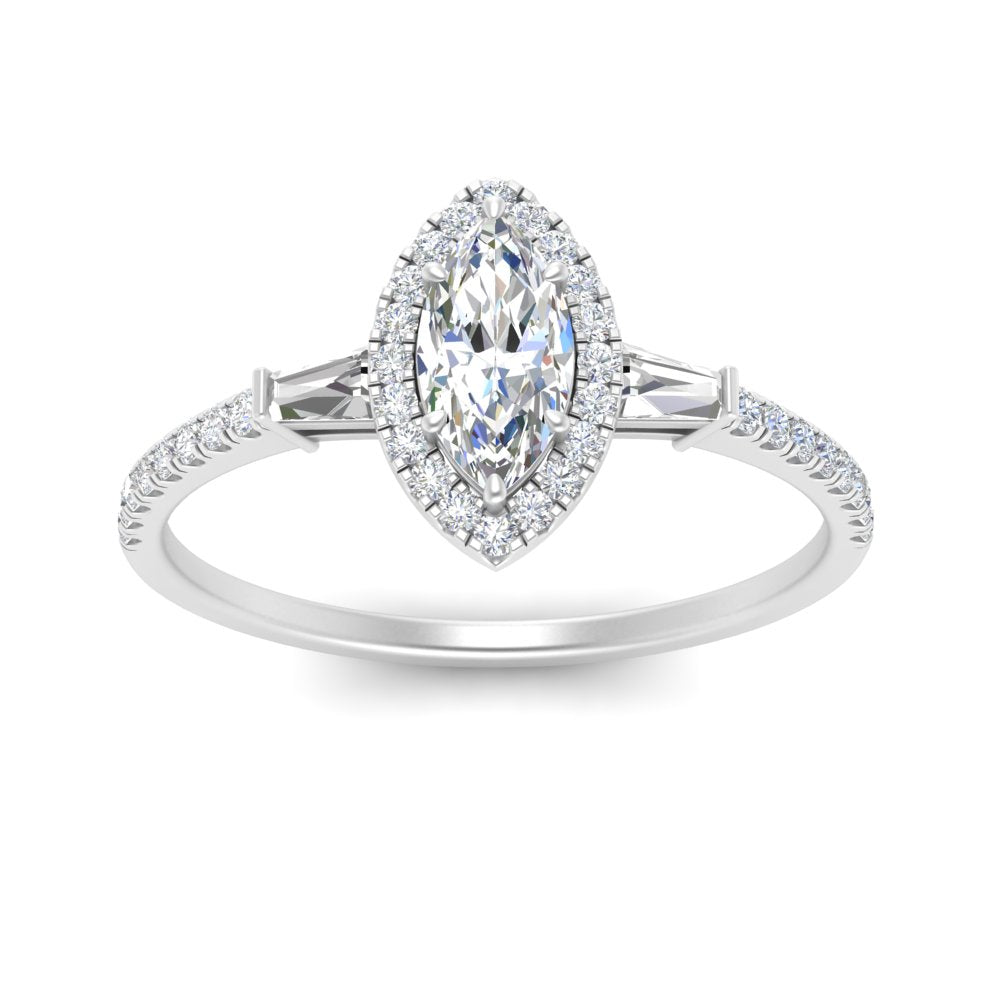 IGI Certified Halo Accented Baguette Lab Grown Diamond Women Engagement Ring In 14K White Gold | Cuts & Carat