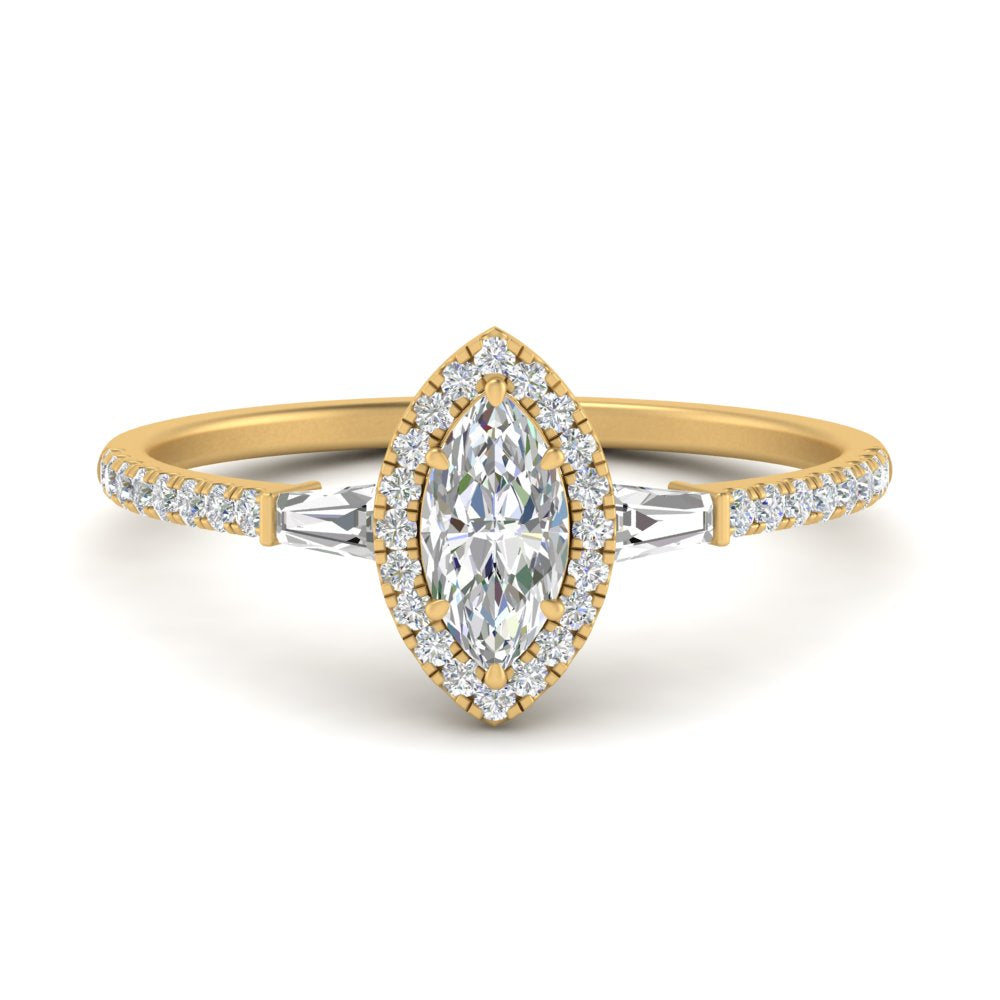 IGI Certified Halo Accented Baguette Lab Grown Diamond Women Engagement Ring In 14K Yellow Gold | Cuts & Carat