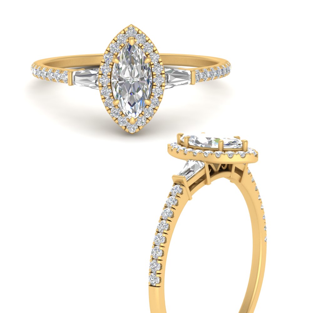 IGI Certified Halo Accented Baguette Lab Grown Diamond Women Engagement Ring In 14K Yellow Gold | Cuts & Carat