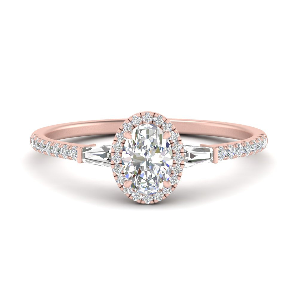 IGI Certified Lab Grown Diamond Baguette Halo Accented Women Engagement Ring In 14K Rose Gold | Cuts & Carat