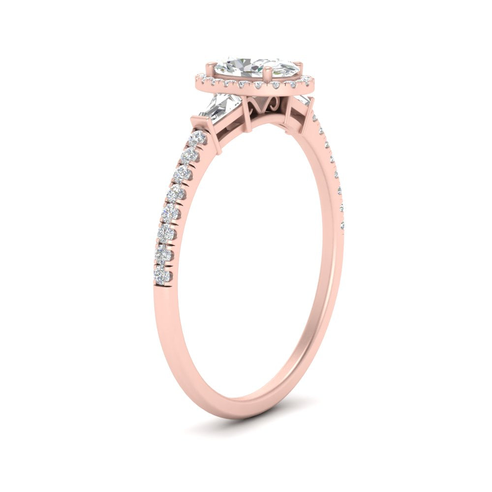 IGI Certified Lab Grown Diamond Baguette Halo Accented Women Engagement Ring In 14K Rose Gold | Cuts & Carat