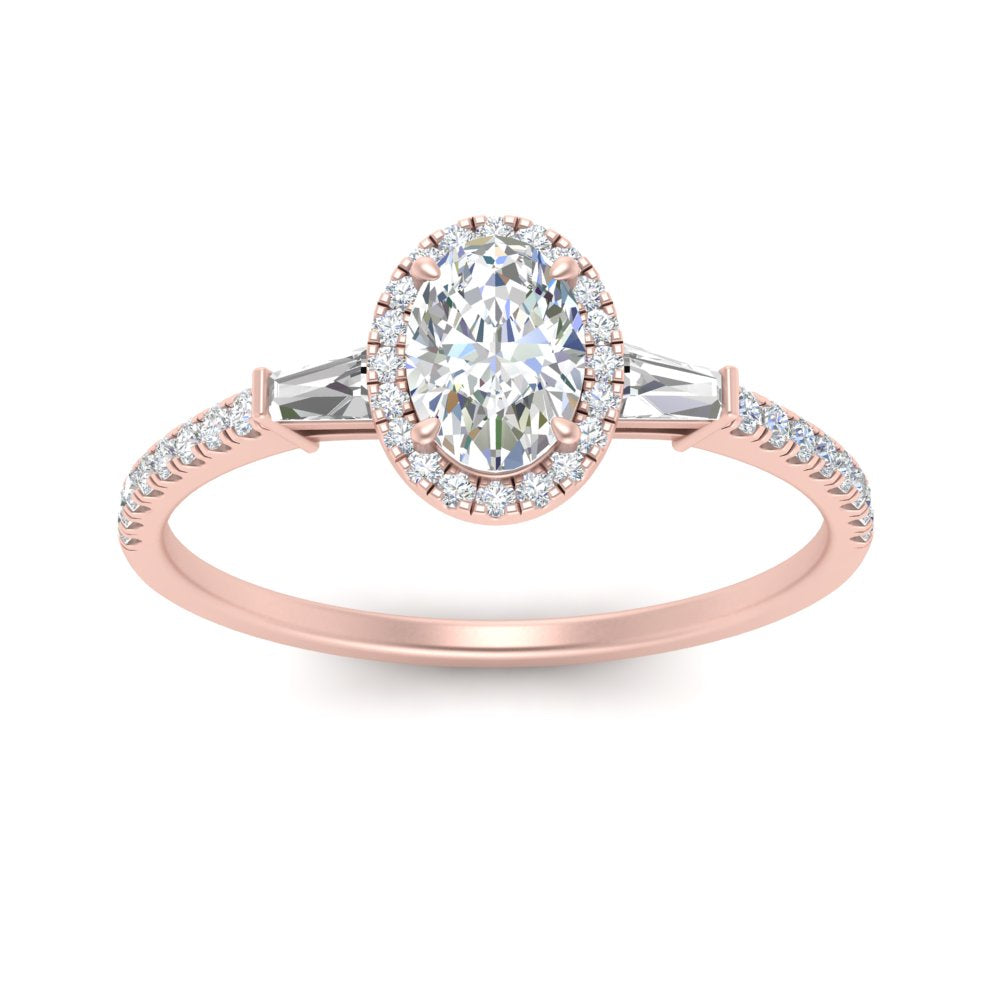 IGI Certified Lab Grown Diamond Baguette Halo Accented Women Engagement Ring In 14K Rose Gold | Cuts & Carat