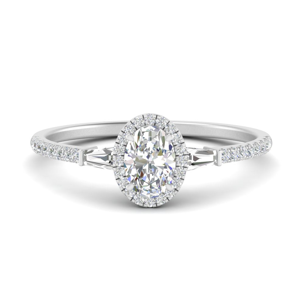 IGI Certified Lab Grown Diamond Baguette Halo Accented Women Engagement Ring In 14K White Gold | Cuts & Carat