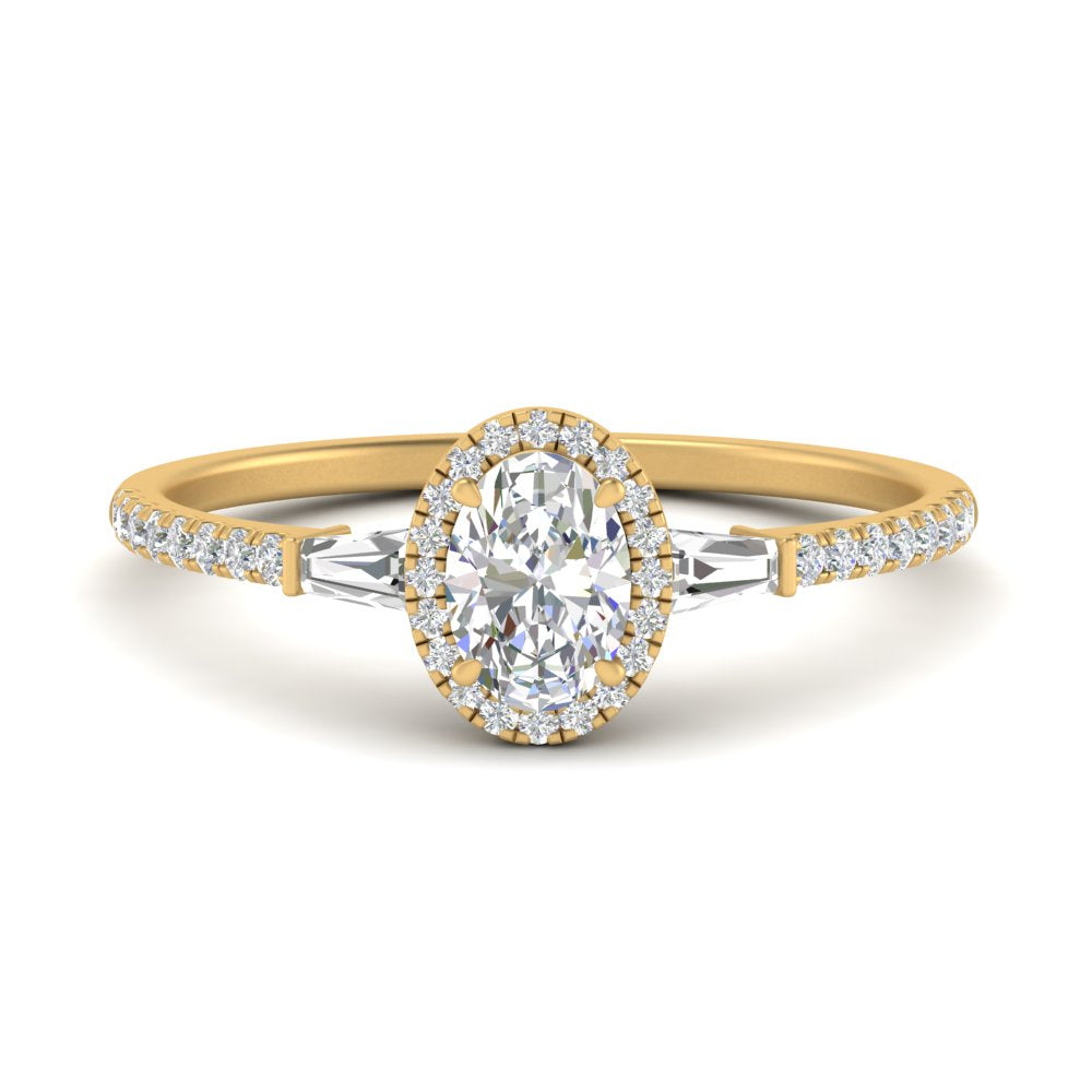 IGI Certified Lab Grown Diamond Baguette Halo Accented Women Engagement Ring In 14K Yellow Gold | Cuts & Carat