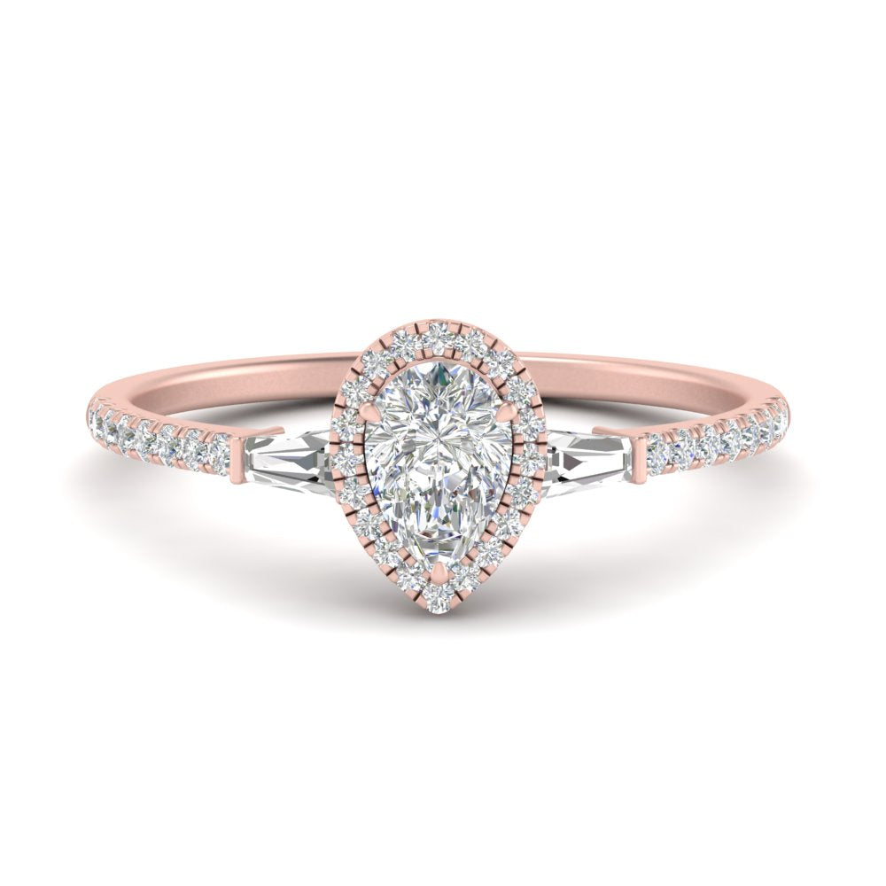 IGI Certified Halo Accented Baguette Lab Grown Diamond Women Engagement Ring In 14K Rose Gold | Cuts & Carat