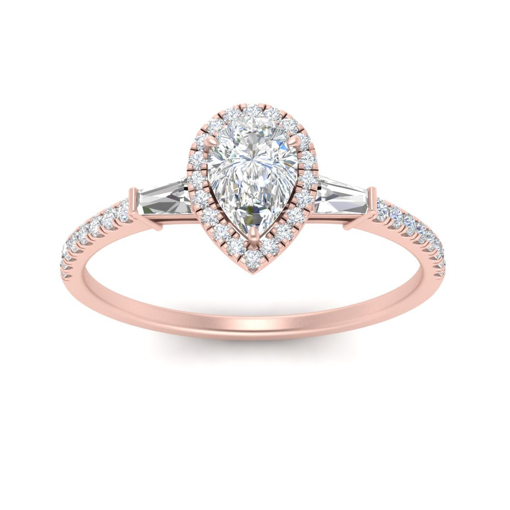 IGI Certified Halo Accented Baguette Lab Grown Diamond Women Engagement Ring In 14K Rose Gold | Cuts & Carat