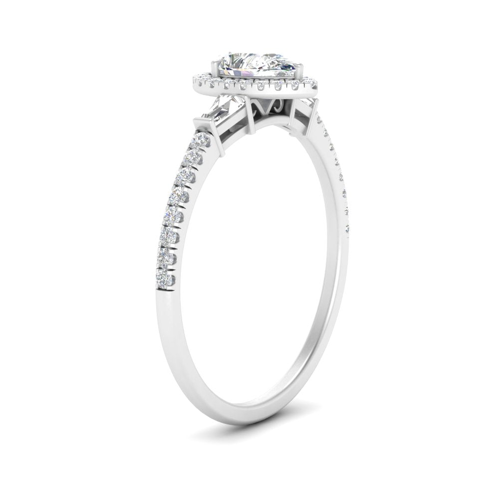 IGI Certified Halo Accented Baguette Lab Grown Diamond Women Engagement Ring In 14K White Gold | Cuts & Carat