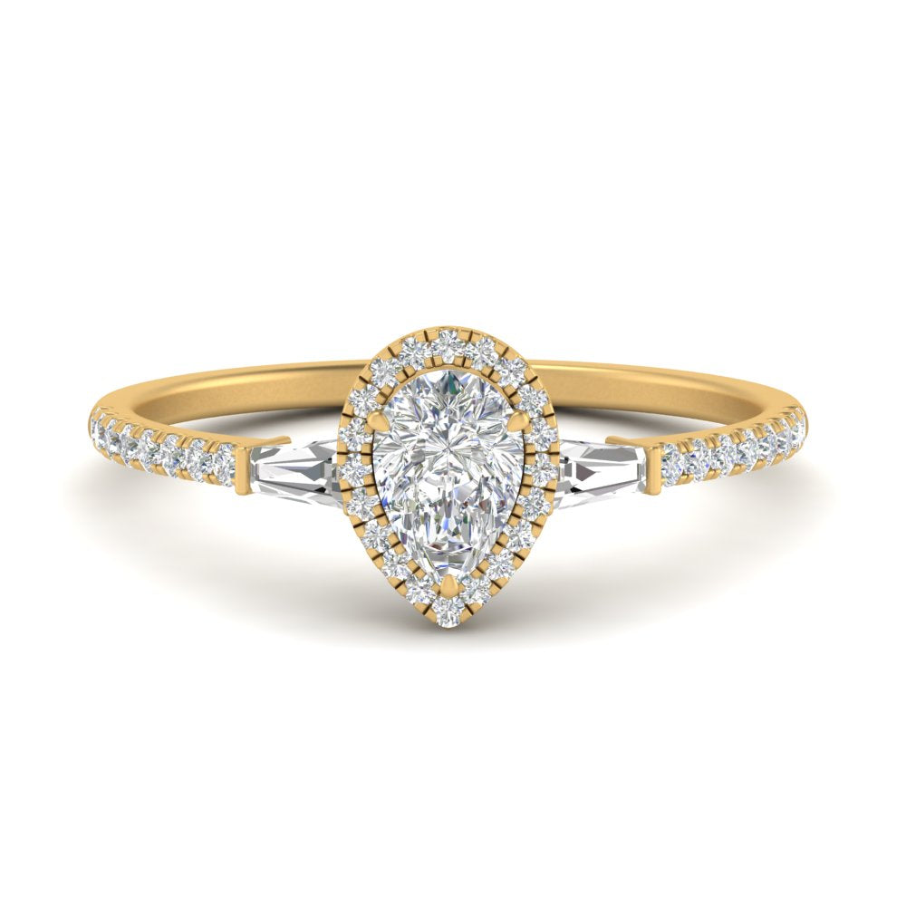 IGI Certified Halo Accented Baguette Lab Grown Diamond Women Engagement Ring In 14K Yellow Gold | Cuts & Carat