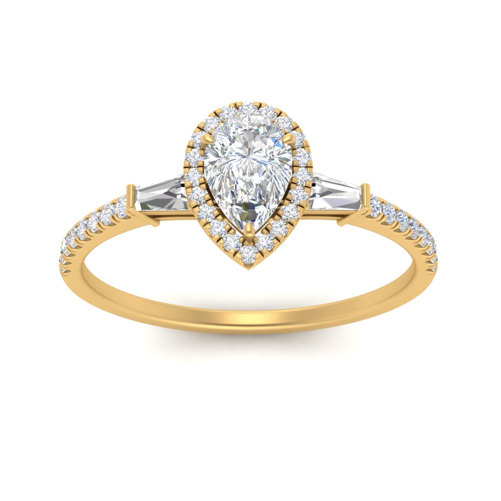 IGI Certified Halo Accented Baguette Lab Grown Diamond Women Engagement Ring In 14K Yellow Gold | Cuts & Carat