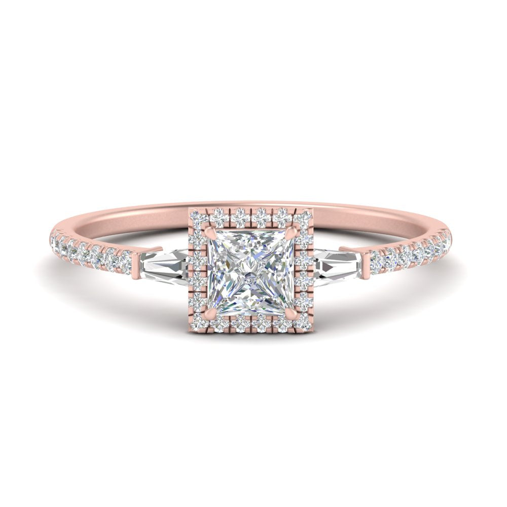 IGI Certified Lab Grown Diamond Baguette Halo Accented Women Engagement Ring In 14K Rose Gold | Cuts & Carat