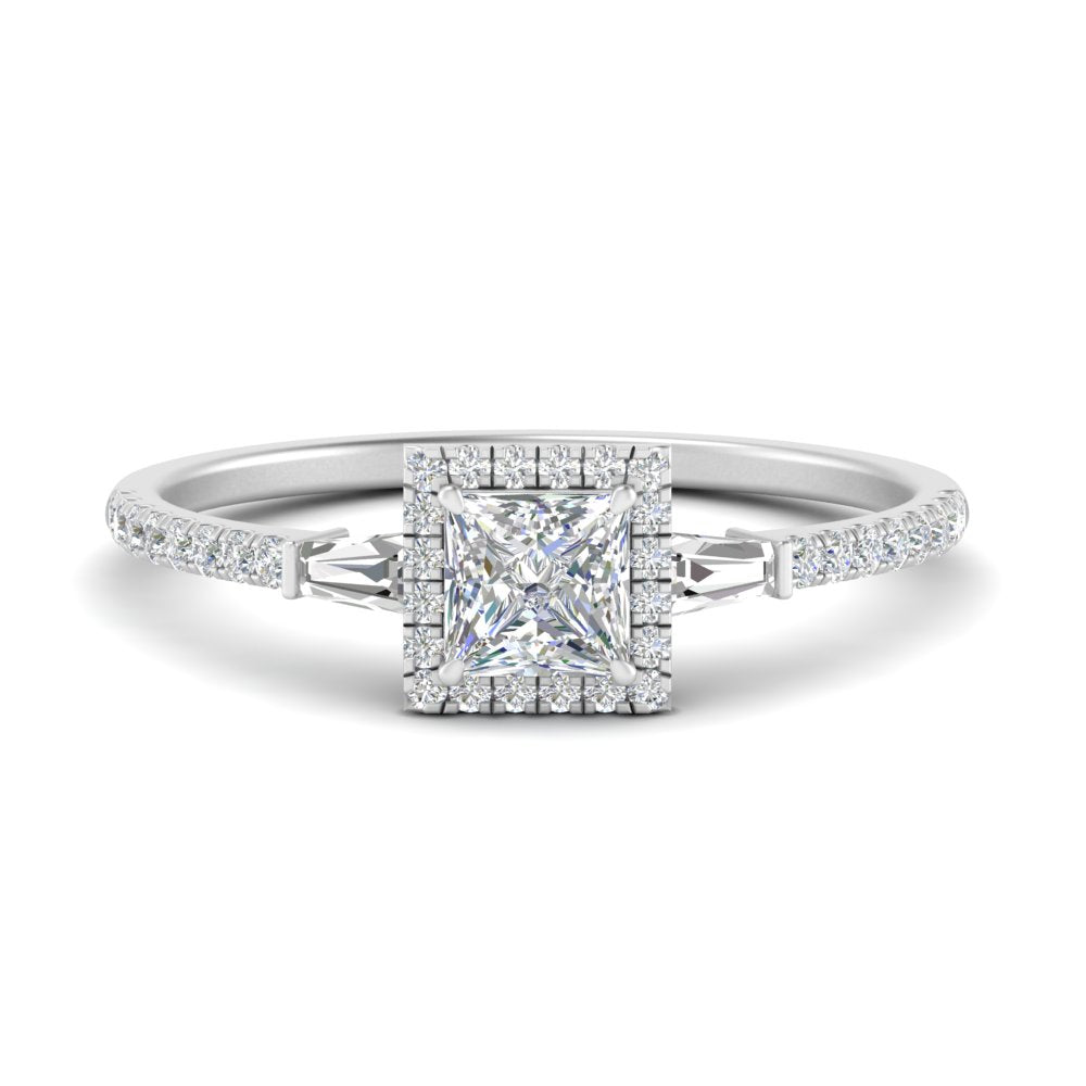 IGI Certified Lab Grown Diamond Baguette Halo Accented Women Engagement Ring In 14K White Gold | Cuts & Carat