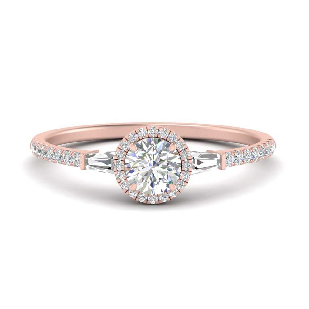 IGI Certified Lab Grown Diamond Baguette Halo Accented Women Engagement Ring In 14K Rose Gold | Cuts & Carat