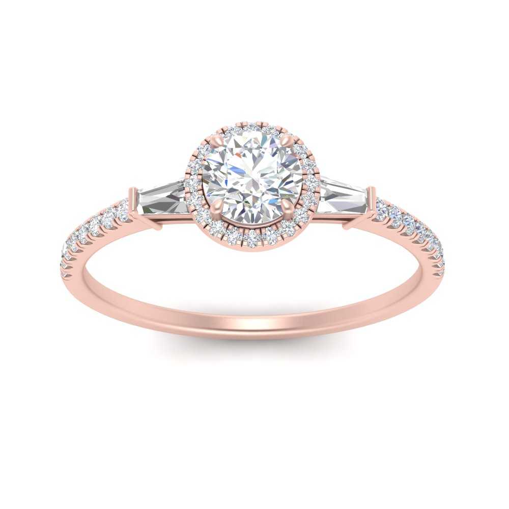 IGI Certified Lab Grown Diamond Baguette Halo Accented Women Engagement Ring In 14K Rose Gold | Cuts & Carat