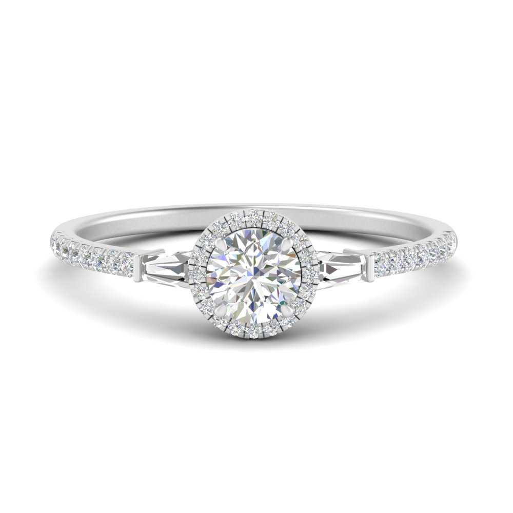 IGI Certified Lab Grown Diamond Baguette Halo Accented Women Engagement Ring In 14K White Gold | Cuts & Carat