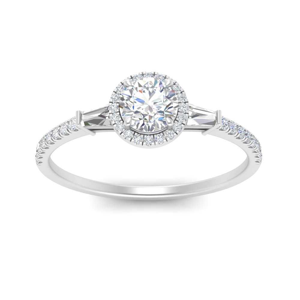 IGI Certified Lab Grown Diamond Baguette Halo Accented Women Engagement Ring In 14K White Gold | Cuts & Carat