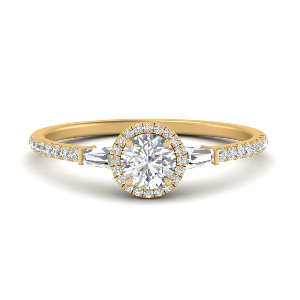 IGI Certified Lab Grown Diamond Baguette Halo Accented Women Engagement Ring In 14K Yellow Gold | Cuts & Carat