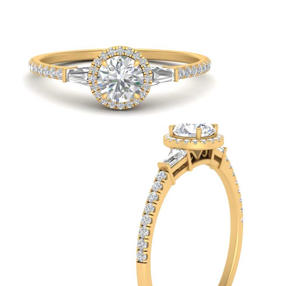 IGI Certified Lab Grown Diamond Baguette Halo Accented Women Engagement Ring In 14K Yellow Gold | Cuts & Carat