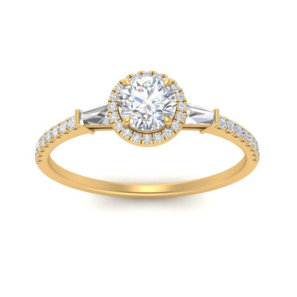 IGI Certified Lab Grown Diamond Baguette Halo Accented Women Engagement Ring In 14K Yellow Gold | Cuts & Carat