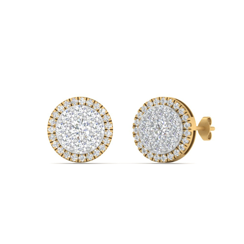 Beautiful Lab Diamond Cluster Circle 2 Tone Stud Earrings For Women In 14K Yellow Gold | Cuts & Carat