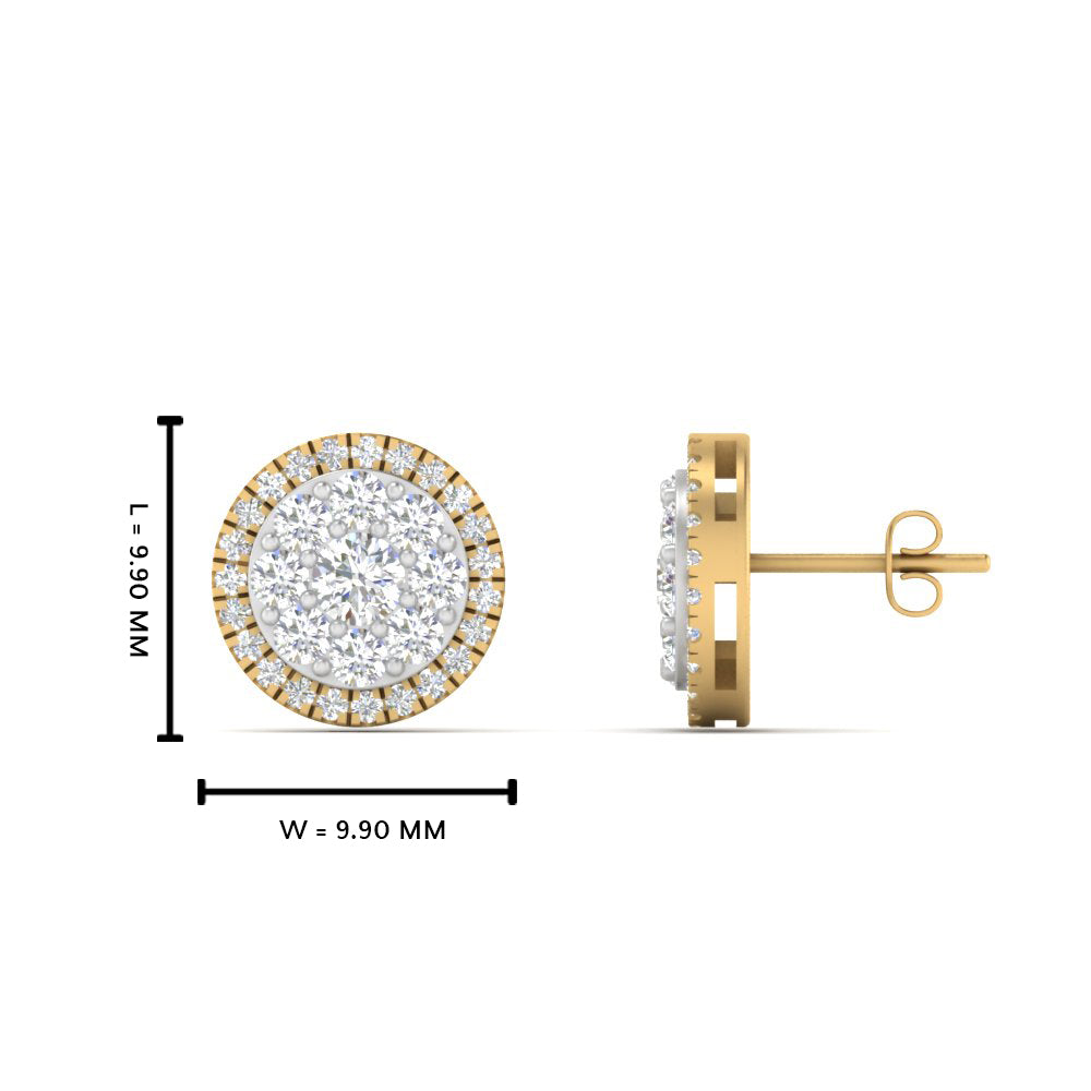 Beautiful Lab Diamond Cluster Circle 2 Tone Stud Earrings For Women In 14K Yellow Gold | Cuts & Carat