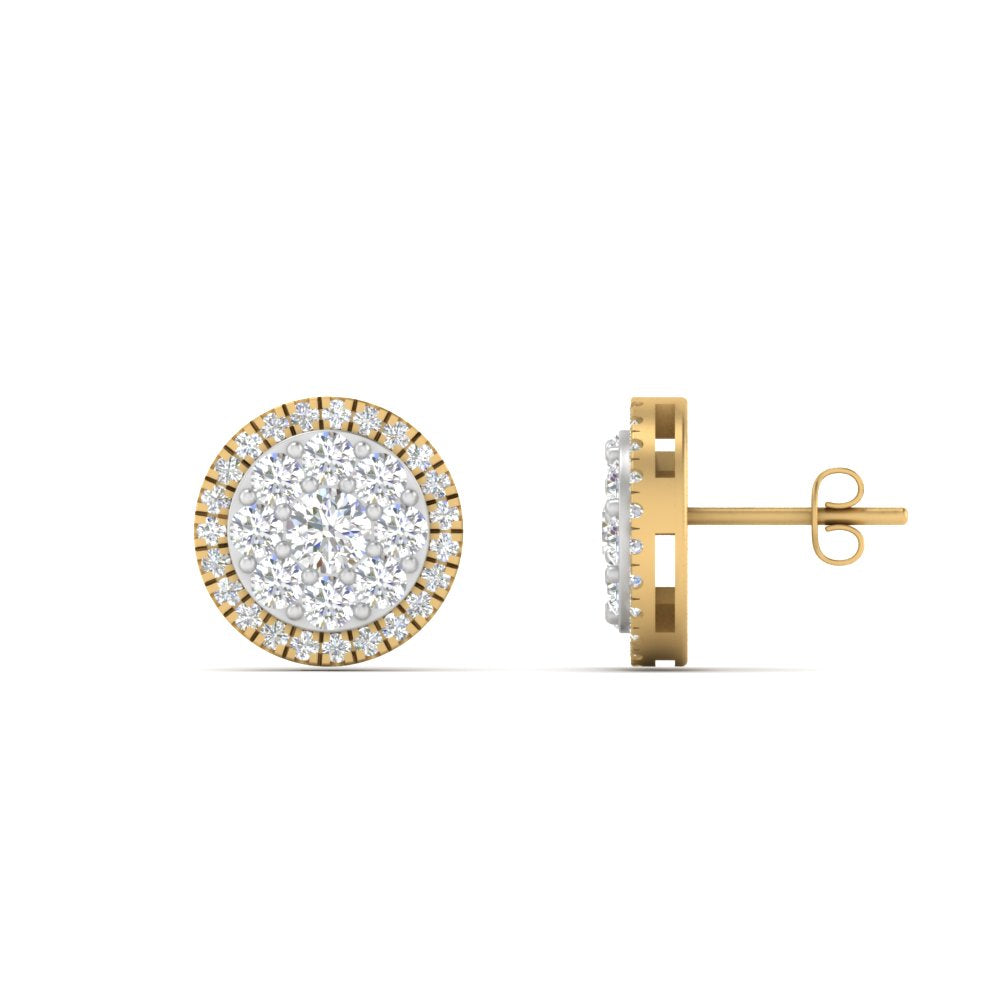 Beautiful Lab Diamond Cluster Circle 2 Tone Stud Earrings For Women In 14K Yellow Gold | Cuts & Carat