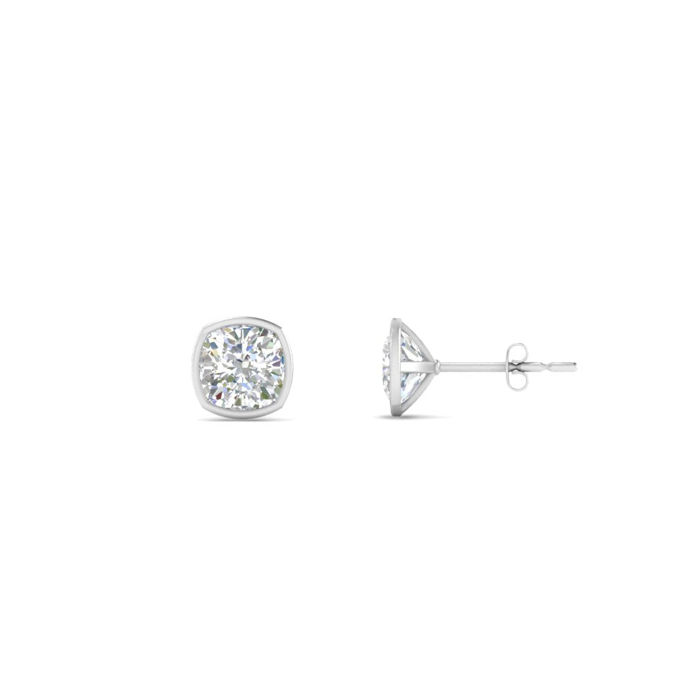 0.5 To 5 Carat Lab Diamond Cushion Stud Bezel Set Earring For Women 14K Gold