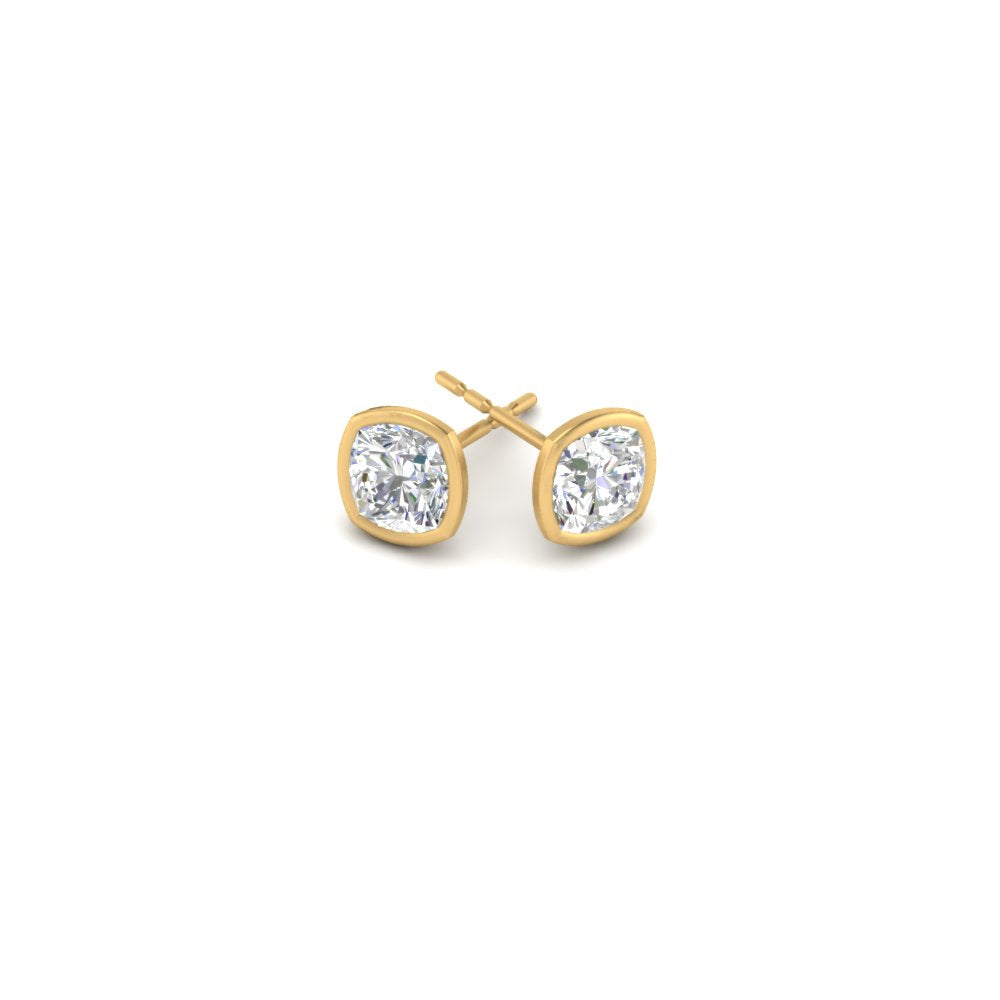 0.5 To 5 Carat Lab Diamond Cushion Stud Bezel Set Earring For Women 14K Gold