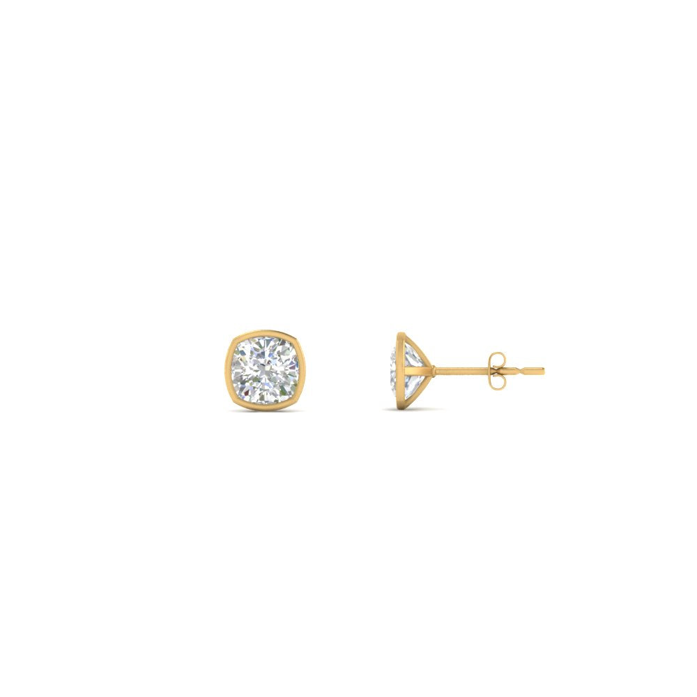 0.50 To 5 Carat Lab Diamond Cushion Stud Bezel Set Earring For Women 14K Gold