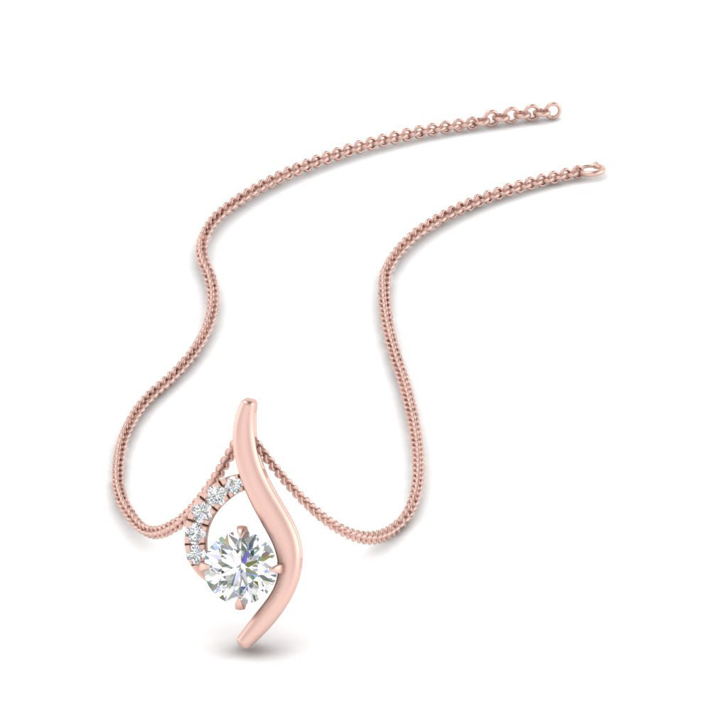 Round Cut Lab Diamond Curved  Pendant For Women 14K Gold