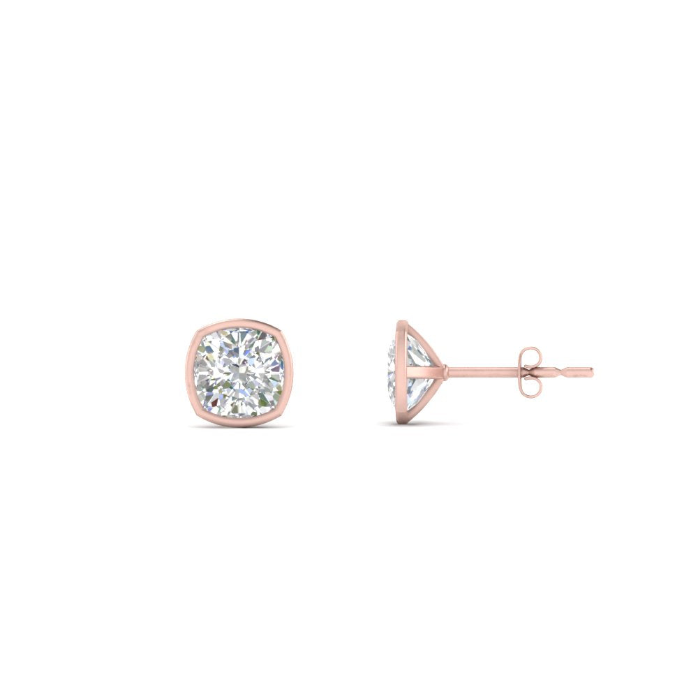 0.5 To 5 Carat Lab Diamond Cushion Stud Bezel Set Earring For Women 14K Gold