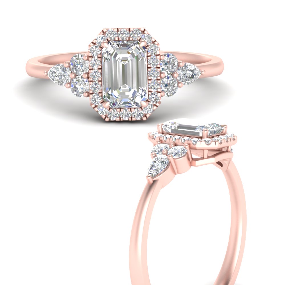 Lab Emerald Cut diamond Halo Engagement Rings 14K Rose Gold