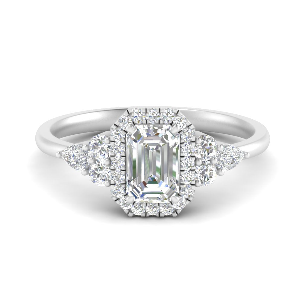 Lab Emerald Cut diamond Halo Engagement Rings 14K White Gold