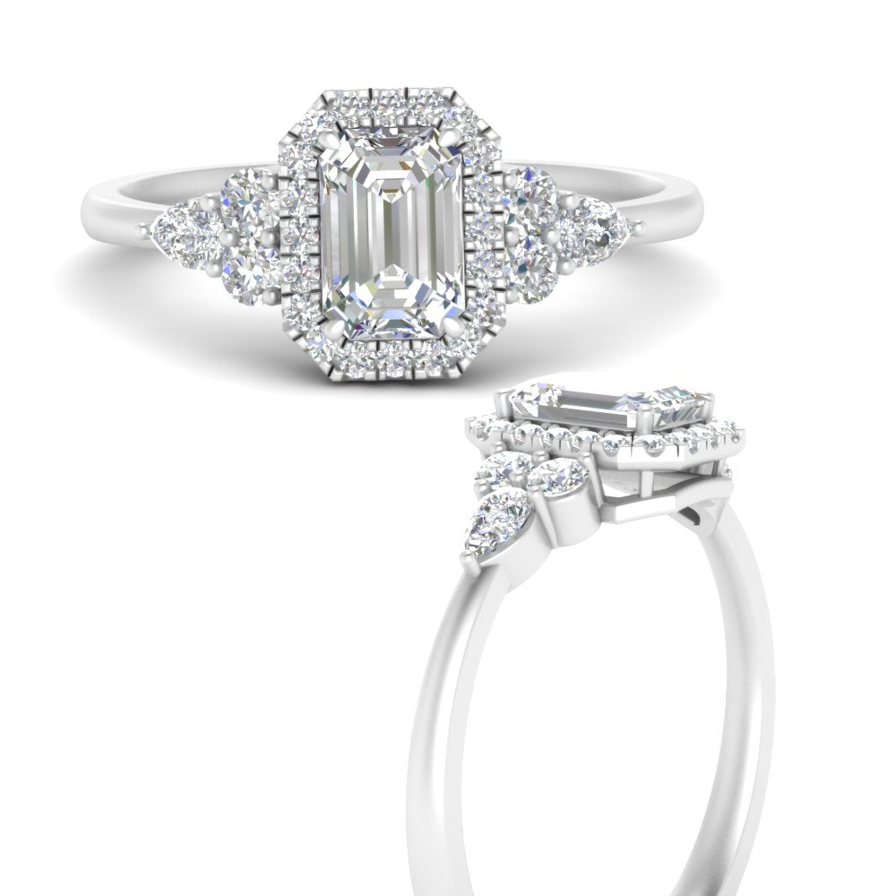 Lab Emerald Cut diamond Halo Engagement Rings 14K White Gold