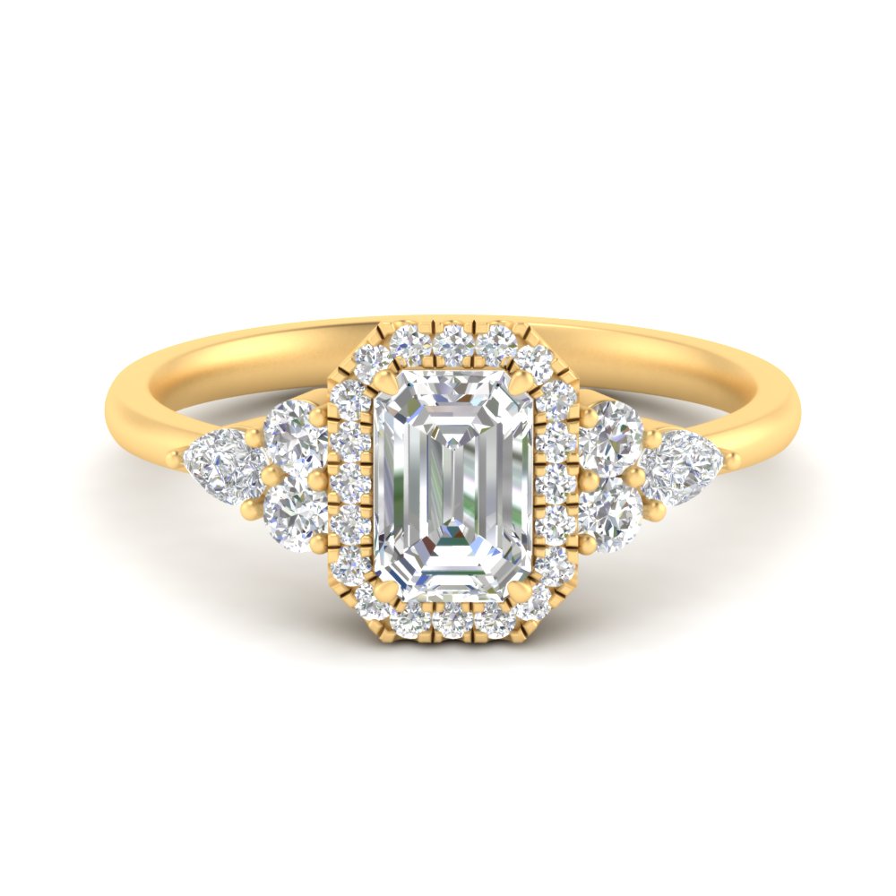 Lab Emerald Cut diamond Halo Engagement Rings 14K Yellow Gold