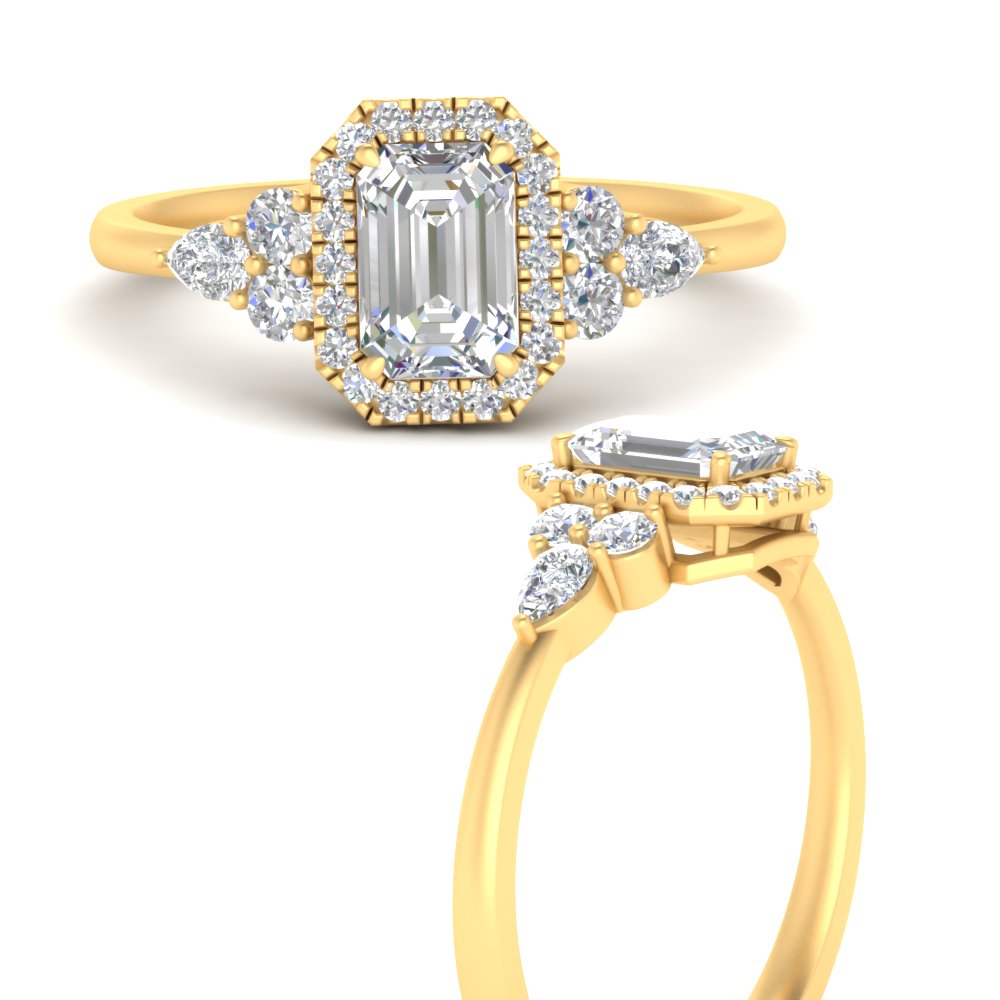 Lab Emerald Cut diamond Halo Engagement Rings 14K Yellow Gold