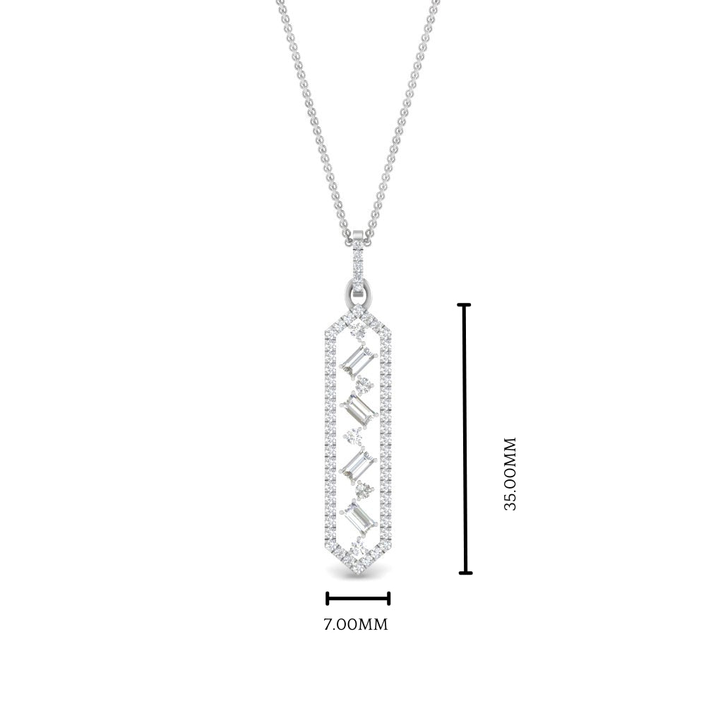 Round And Straight Baguette Cut Lab Diamond Floating Hexagon Pendant For Women 14K Gold