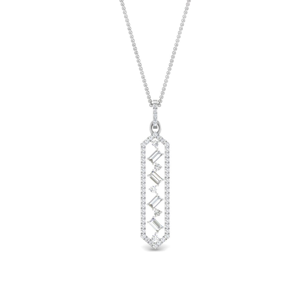 Round And Straight Baguette Cut Lab Diamond Floating Hexagon Pendant For Women 14K Gold