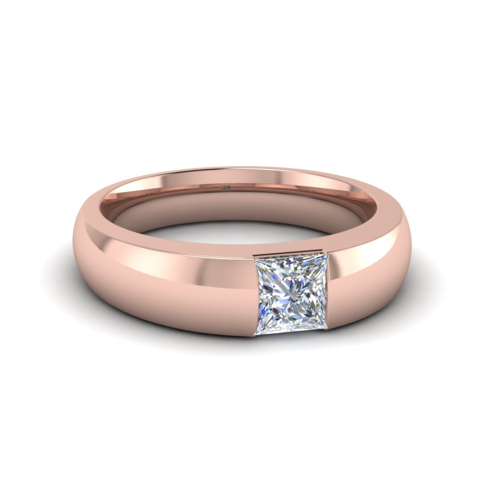 Bezel Solitaire Princess Cut Lab Diamond Wedding Ring For Mens 14k Rose Gold|Cuts & Carat